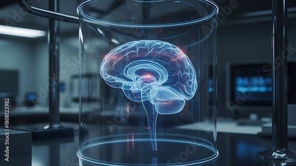 Obraz Holographic human brain model in a laboratory 3D model , science, technology, laboratory, research, 