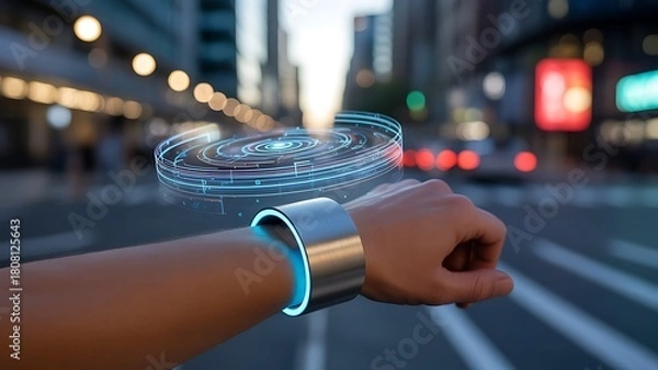 Fototapeta Person wearing futuristic smartwatch displaying holographic interface in city street , futuristic watch, smart technology