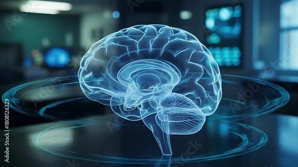 Fototapeta Transparent blue human brain hologram with glowing rings ,  glowing, rings, technology, science, medical