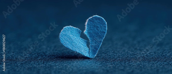 Fototapeta A delicately torn blue leaf, shaped like a fractured heart, evokes the deep emotional vulnerability and poignant sorrow of separation and enduring heartbreak