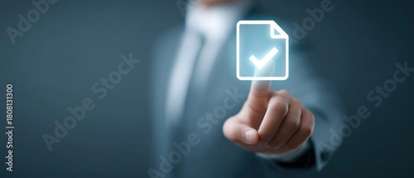 Fototapeta Digital document with a checkmark icon, representing approval, completion, or verification on a dark background