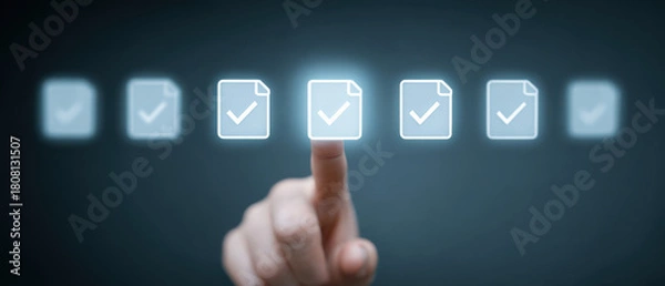 Fototapeta Checklist Completion A Finger Tapping a Document with a Tick