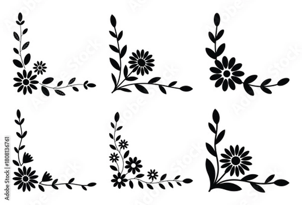 Fototapeta Set of six elegant floral corner design elements with leaves and daisy silhouettes