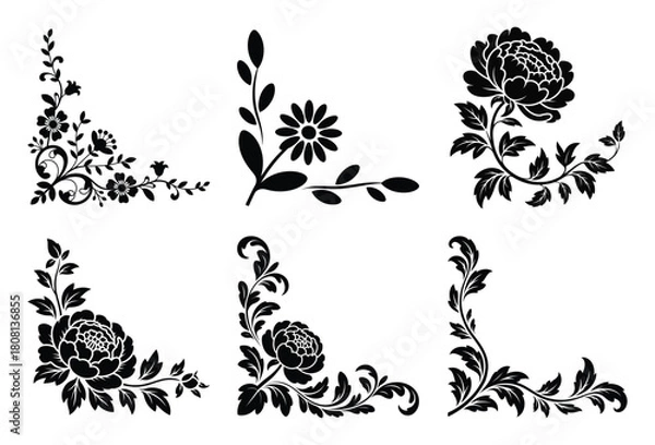 Fototapeta Elegant decorative floral and scrollwork corners collection in classic silhouette style art.