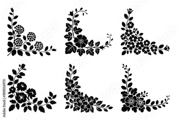 Fototapeta Set of six elegant black floral corner designs for decorative borders and frame elements