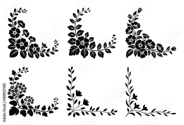 Fototapeta Elegant black floral corner designs set for decorative borders and frame embellishments
