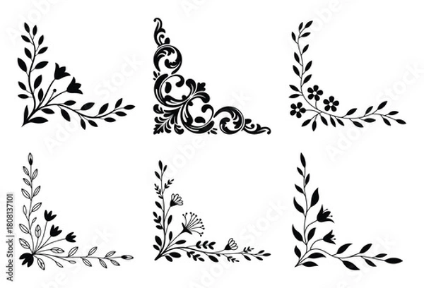 Fototapeta Stylish vector set of decorative floral and ornamental corner design elements for borders.