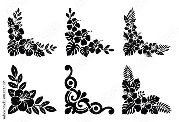 Fototapeta Tropical hibiscus flower and palm leaf corner borders silhouette design set isolated white.