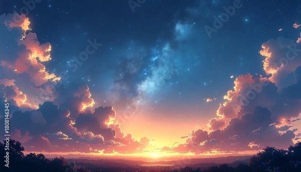 Fototapeta A vibrant sunset with fluffy clouds and a starry sky over a silhouetted landscape.
