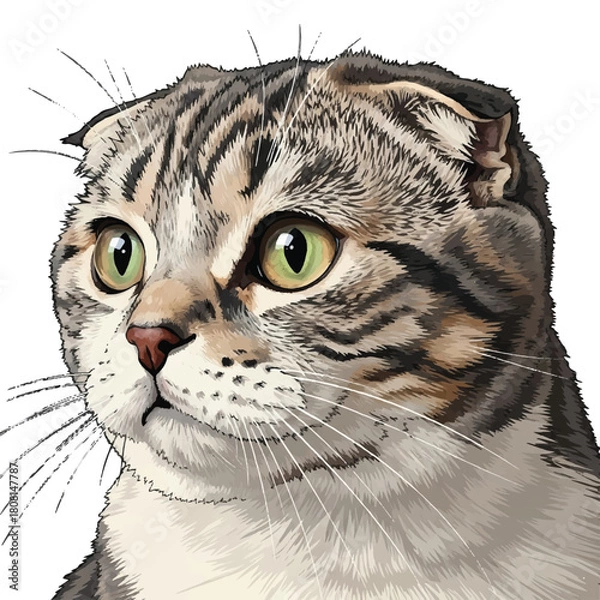Fototapeta Close-up illustration of a Scottish Fold cat's face with striking green eyes and folded ears