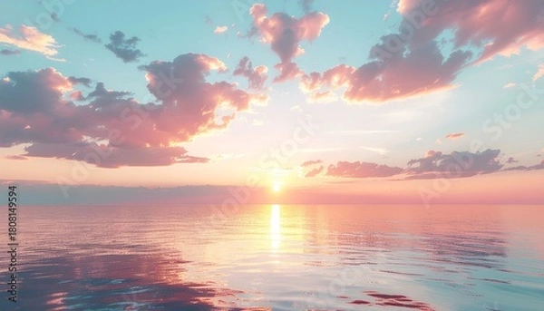 Obraz A serene sunset over the ocean, with soft pink and blue hues painting the sky and reflecting on the calm water.