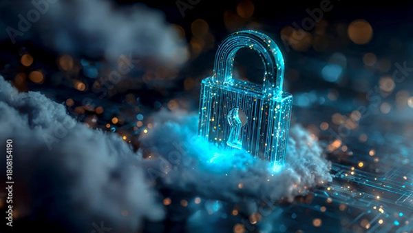 Fototapeta A futuristic 3D illustration of a glowing digital padlock floating within a semi-transparent cloud network structure. Highly detailed cyber grid lines weave through the clouds.