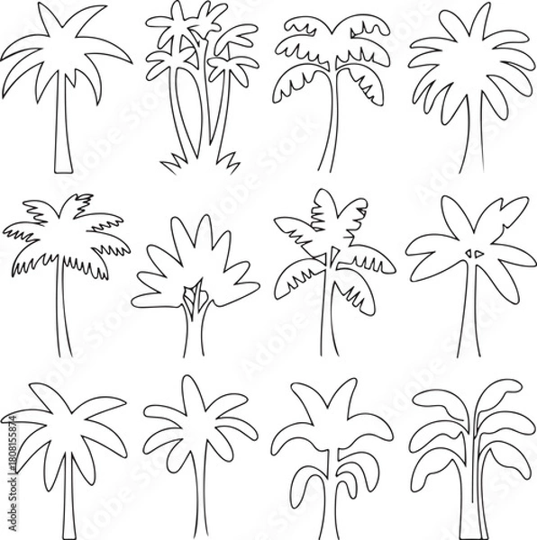 Fototapeta Set of twelve various black outline palm tree icons vector art