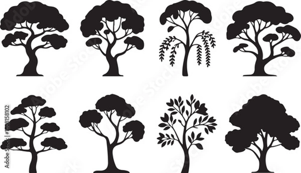 Fototapeta Diverse tree silhouettes collection for nature and design element