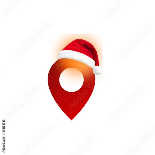 Obraz Red map pointer or location pin icon wearing a Santa Claus hat, symbolizing a festive location.