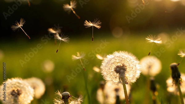 Fototapeta Dandelion seeds dispersing in a sunlit field