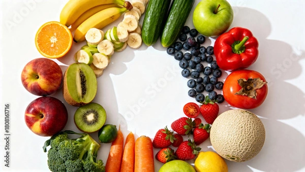Fototapeta Fresh fruits and vegetables arranged in a circular pattern on a white background