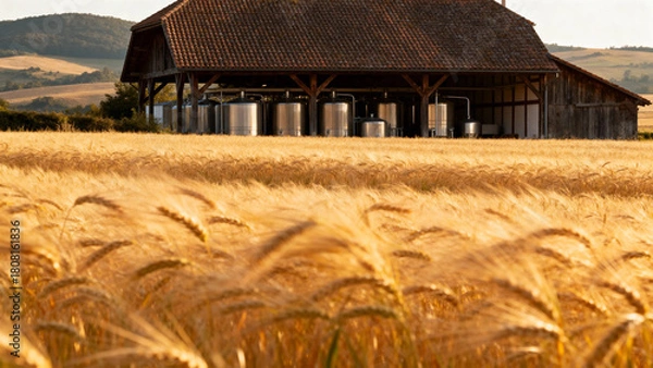 Fototapeta Golden wheat field in front of a rustic barn with metal tanks, set against rolling hills at sunset