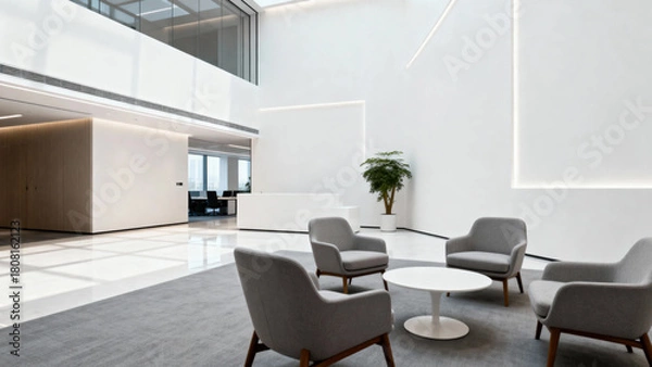 Fototapeta Modern minimalist lobby with gray armchairs, white coffee table, and indoor plant in a bright, open space