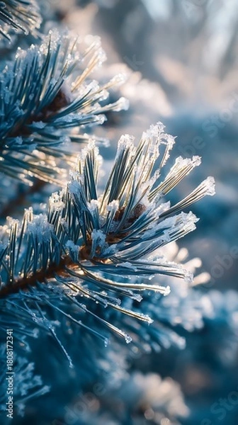 Fototapeta Sparkling frost adorns pine needles in soft winter sunlight
