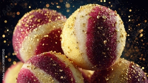 Fototapeta Delicious round confections dusted with shimmering edible gold particles against a dark backdrop