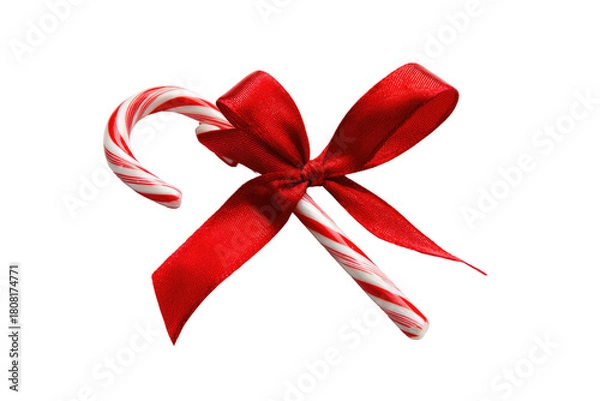 Fototapeta Candy cane with red ribbon bow on a black background