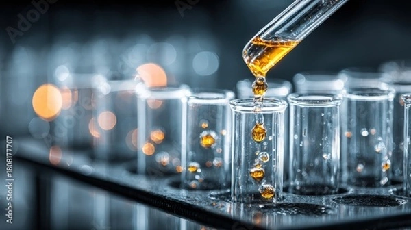 Fototapeta Precision dropper slowly dispenses amber fluid into a laboratory test tube held in a rack