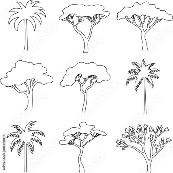 Fototapeta Set of hand drawn tree outlines, diverse natural graphic elements