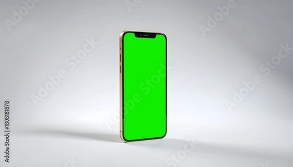 Fototapeta Angled View Gold Smartphone Green Screen Mockup, Floating Mobile Device Template