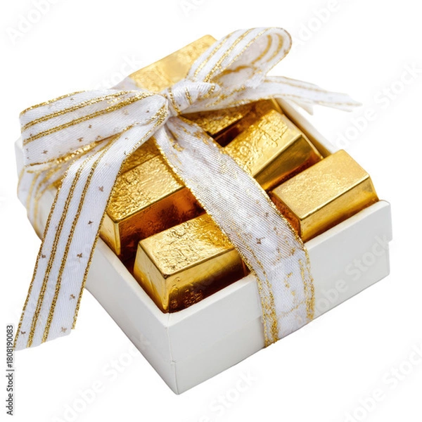Fototapeta Gold bar stacks in box, white bow, golden highlights.