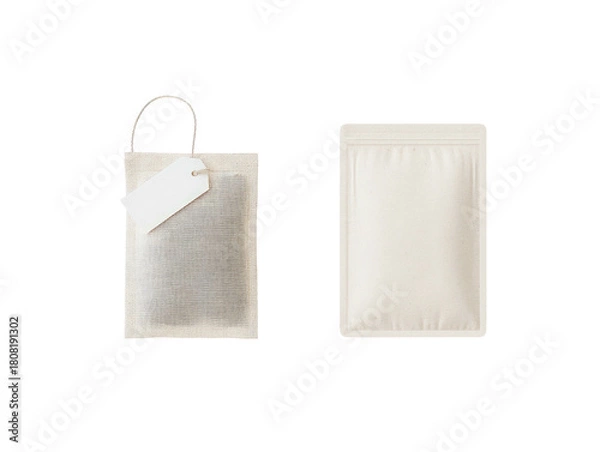 Fototapeta Two beige pouches, one with handle and tag