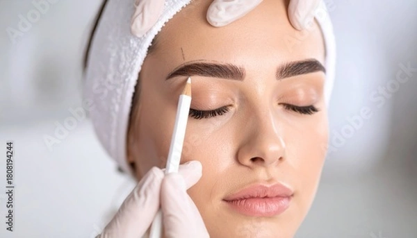 Fototapeta Professional mapping woman's eyebrows with white pencil for microblading or permanent makeup in a beauty salon.
