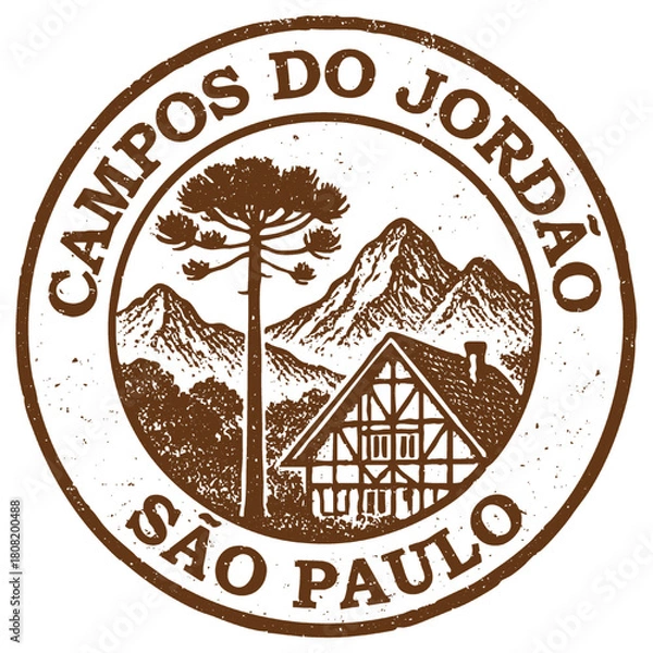Fototapeta Selo de Campos do Jordão, São Paulo, Brasil. Ilustração com araucária, vista das montanhas na serra da mantiqueira, e arquitetura típica alemã.