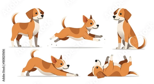 Obraz Set of playful beagle puppy illustrations cute cartoon dog in various poses vector design isolated on white background