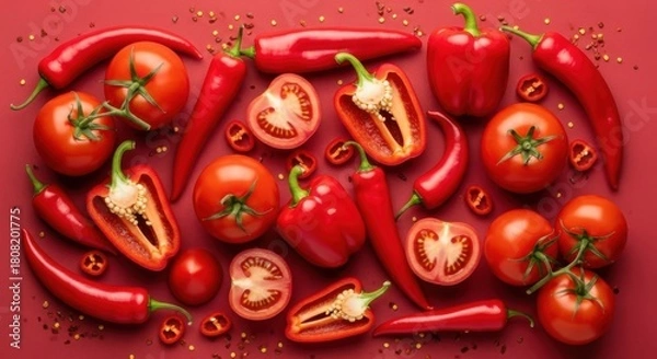 Fototapeta Overhead shot of fresh red vegetables including tomatoes bell peppers and chili peppers arranged on a red background