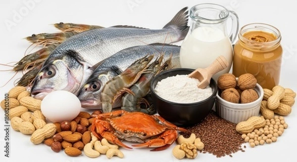 Fototapeta Selection of common food allergens including seafood nuts milk and eggs concept for food intolerance and dietary restrictions