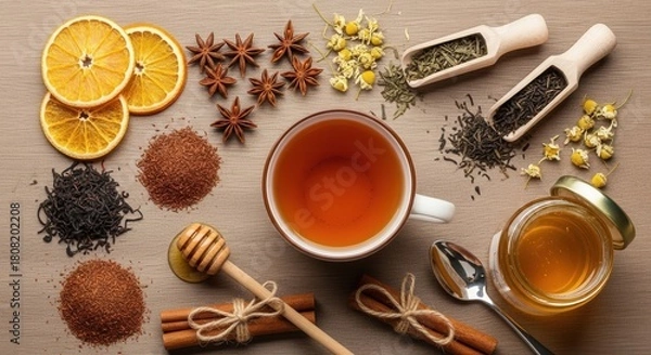 Fototapeta Overhead shot of herbal tea ingredients including cinnamon sticks and dried orange slices arranged on a wooden surface for a wellness concept