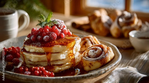Obraz Christmas breakfast, pancakes with berries, cinnamon rolls dessert
