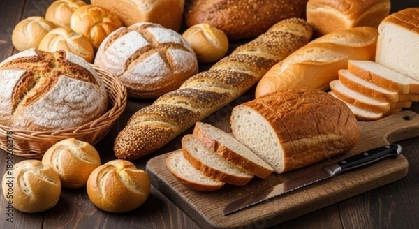 Fototapeta Assortment of freshly baked breads including loafs and rolls displayed on a wooden surface for a bakery or food concept