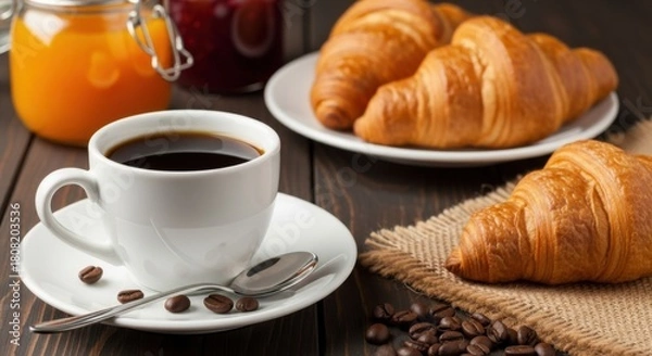 Fototapeta Continental breakfast with coffee croissants and jam a delicious morning meal on a rustic wooden table perfect for food blogs and cafe menus