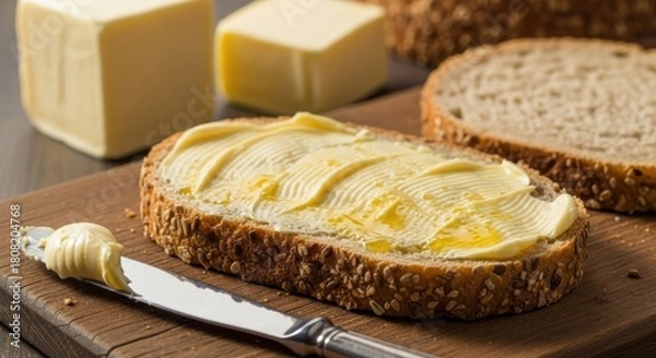 Fototapeta Slice of bread with butter spread on a wooden board perfect for breakfast or snack