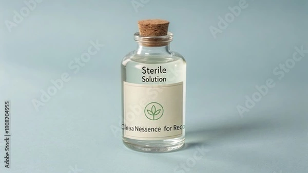 Obraz Transparent glass bottle with sterile solution and label for essence on light blue background