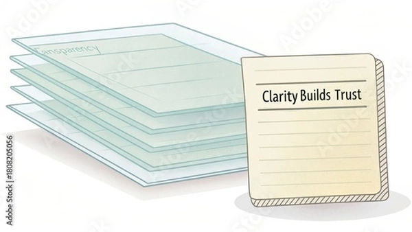 Obraz Transparent sheets stacked with a note emphasizing the importance of clarity in building trust in communication and relationships