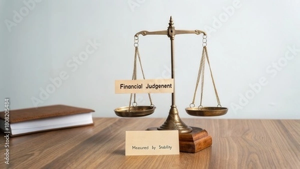 Obraz Vintage balance scale with financial judgement and stability concept displayed on wooden table in office setting