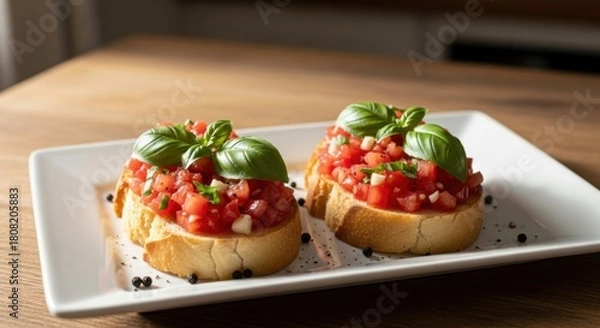 Fototapeta Two bruschetta appetizers with fresh tomatoes and basil served on a white plate perfect for a light lunch or snack