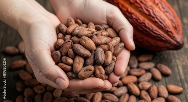 Fototapeta Hands holding raw cocoa beans fresh from the harvest with a cocoa pod in the background