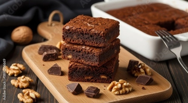 Fototapeta Stack of homemade chocolate brownies served on a wooden board with walnuts and chocolate chunks delicious dessert