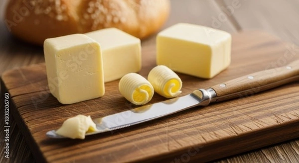 Fototapeta Fresh butter curls and cubes on a wooden board with a knife perfect for breakfast or cooking food photography
