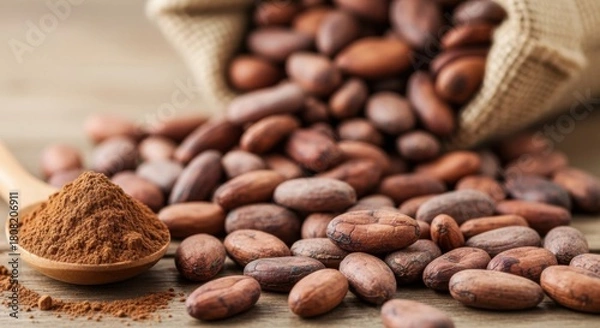 Fototapeta Pile of raw cocoa beans spilling from a burlap sack with cocoa powder in a wooden spoon on a rustic wooden surface
