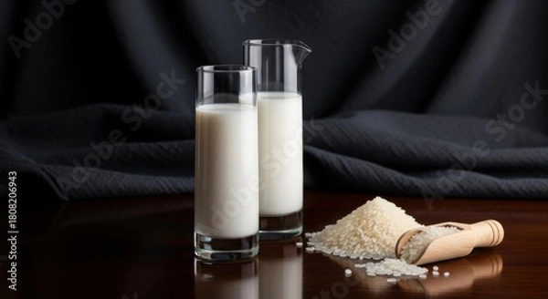 Fototapeta Glass of rice milk and a pitcher with a pile of rice grains a healthy and vegan alternative to dairy milk